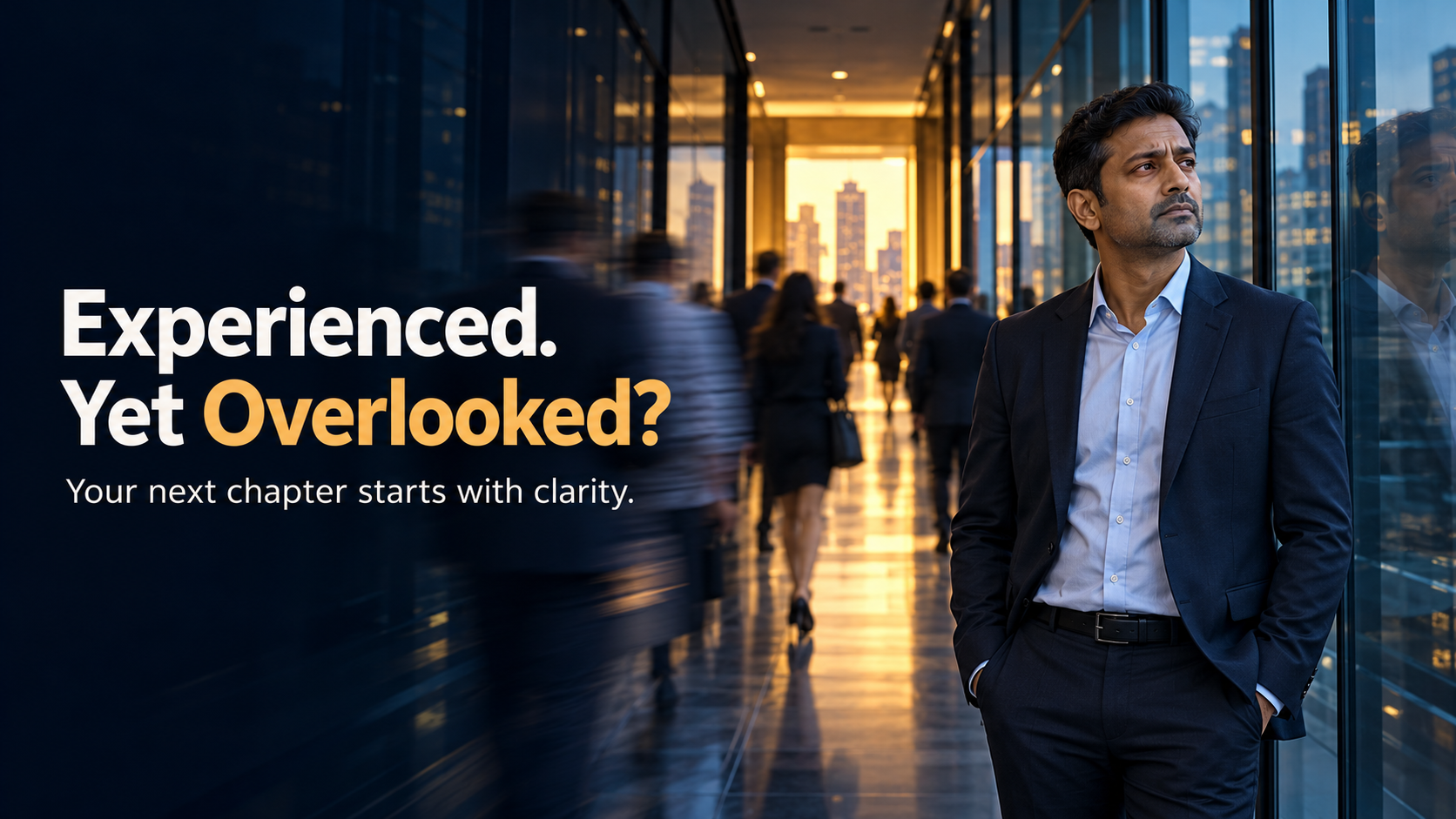 Experienced. Yet Overlooked? Your next chapter starts with clarity — a senior professional standing in a corporate corridor lit by sunset