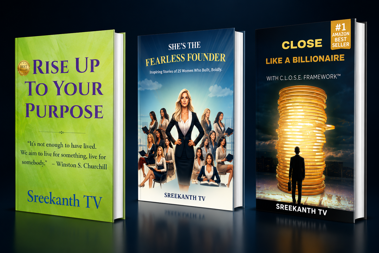 Rise Up to Your Purpose, She’s the Fearless Founder and CLOSE Like a Billionaire™, three Amazon bestselling books by Sreekanth TV